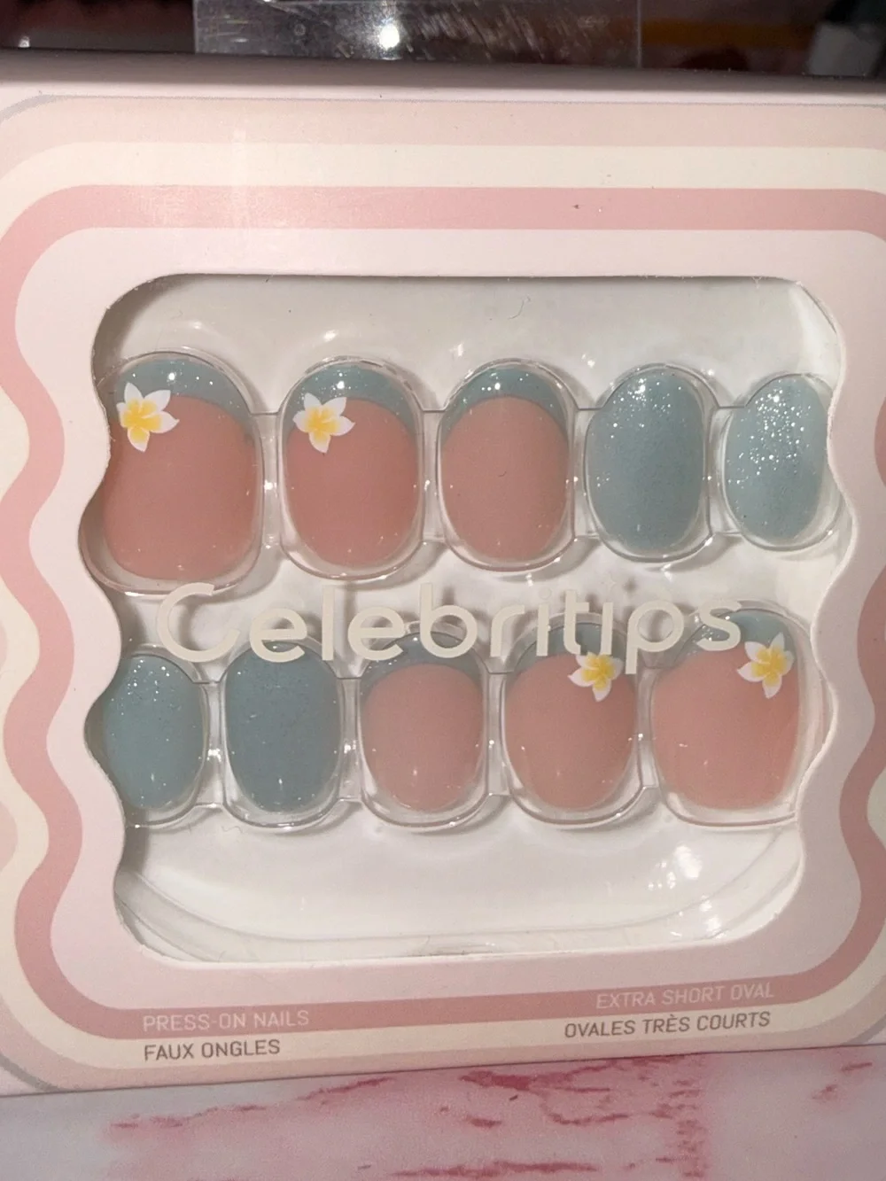 Celebritips “Maui” Press-On Nails in Nude & Dusty Blue with Floral Accent